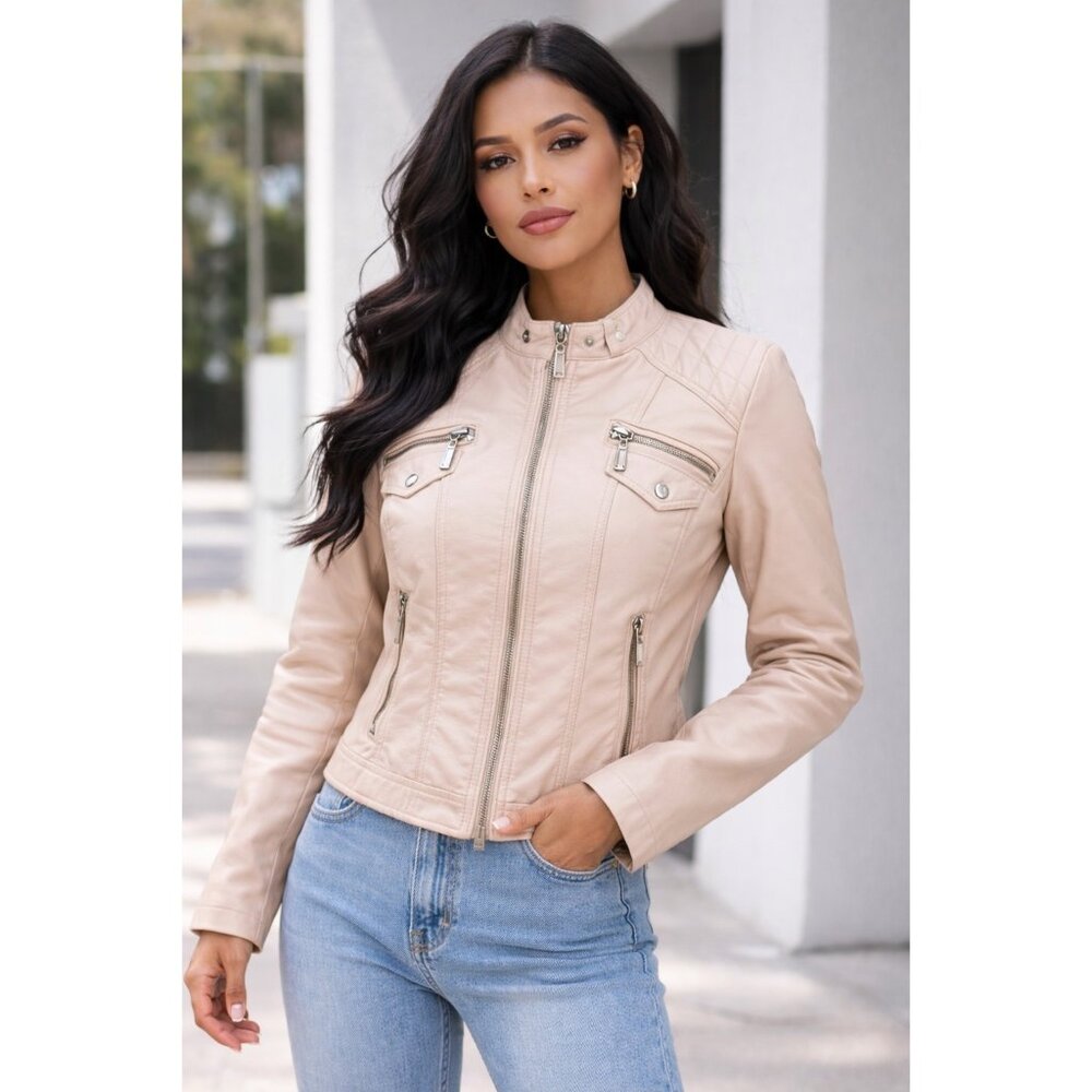 Faux Leather Moto Jacket Women Beige Blush Quilted Zipper Biker Medium
